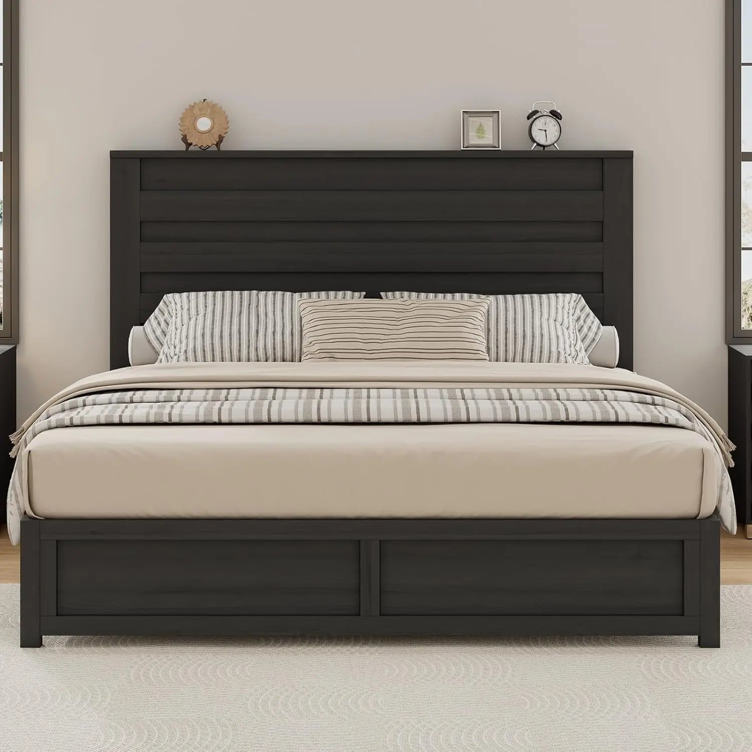 Queen size platform bed frame with 49’’ headboard farmhouse wood slat support/no box spring needed/easy assembly
