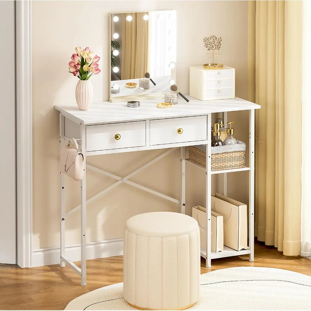 White vanity desk without mirror for bedroom makeup with 2 fabric drawers iron hook 36 inches wi - white / united states