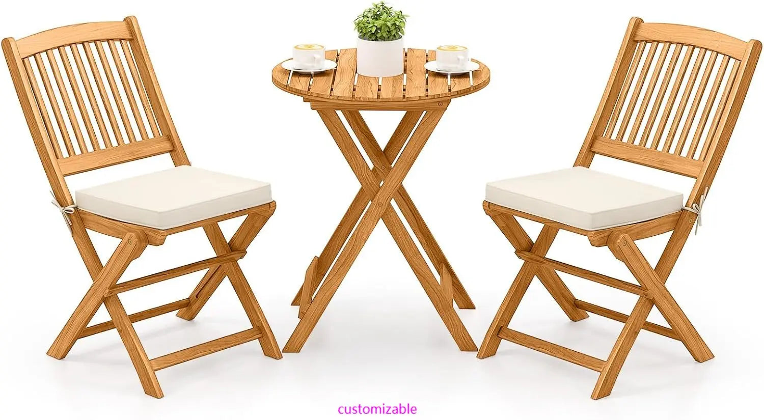 3 pieces acacia wood patio folding bistro set outdoor table and chairs with soft cushions furniture for porch - united