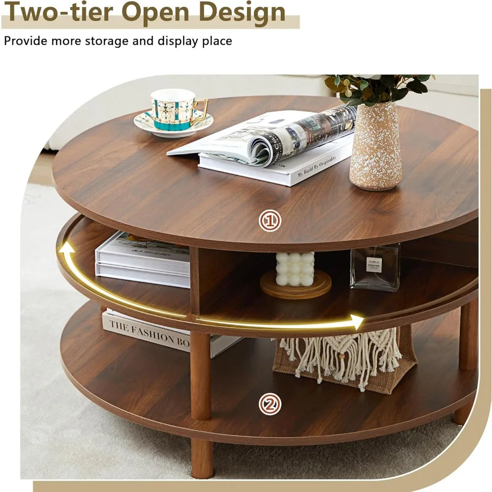 31.5’’ round coffee table with storage wood circle sliding cabinet doors fluted dining accent