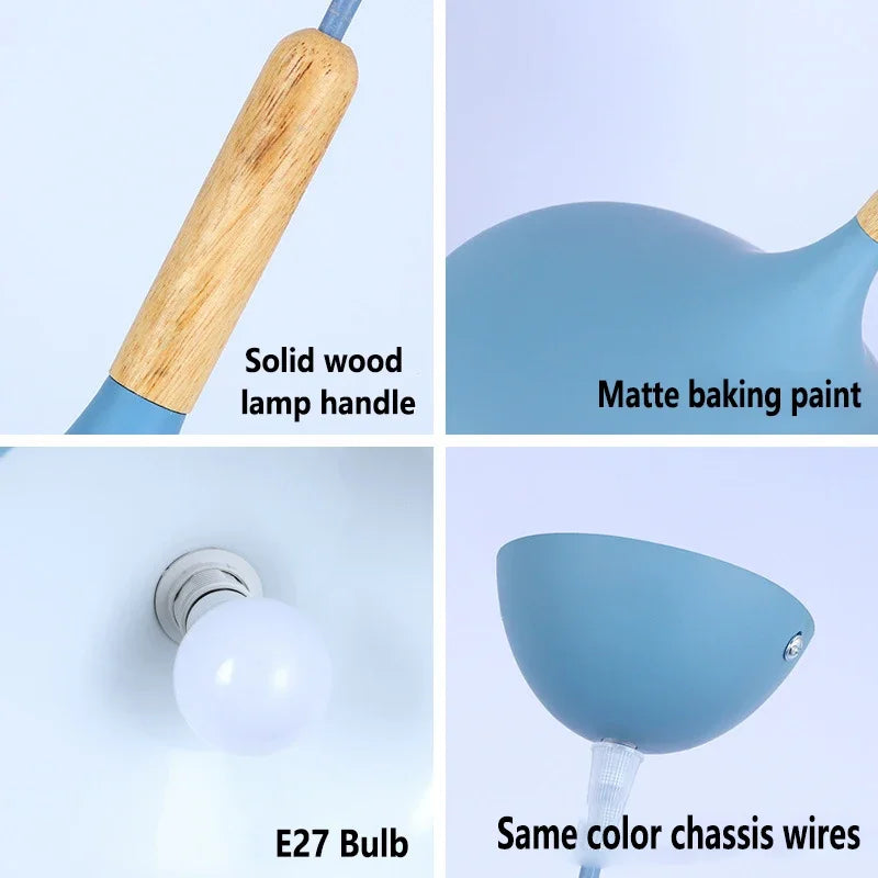 Nordic colored chandelier wooden pendant light bedroom living room led lamp single head aluminum children lighting