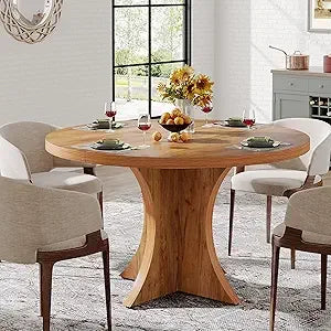 Round dining table for 4-6 47.24-inch farmhouse kitchen wood with pedestal base small dinner di - united states / brown