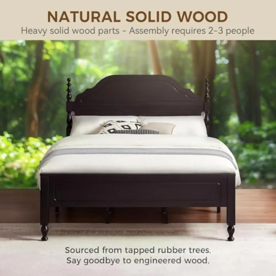 Wood queen size bed frame with wooden headboard and footboard heavy duty 12 solid slats support rubber platform f