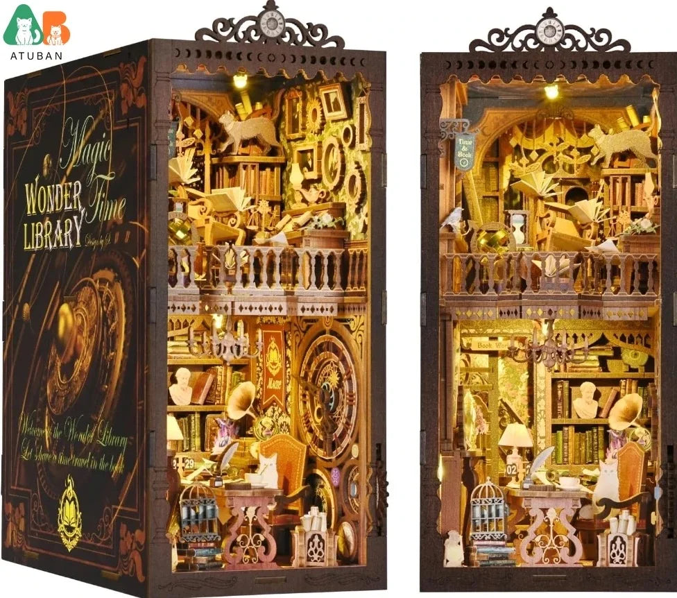 Atuban book nook kit classic car f1 diy wooden puzzle bookshelf insert decor dollhouse model bookend building