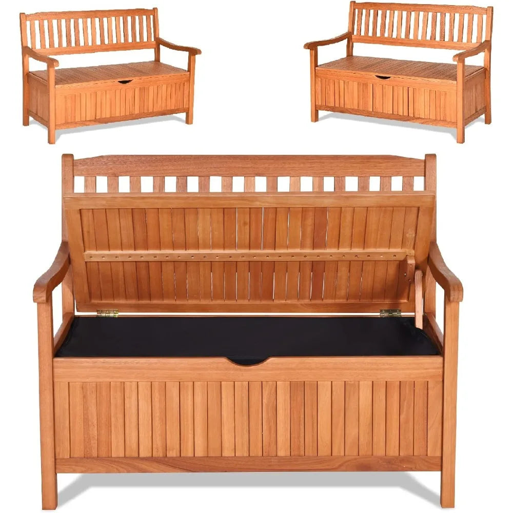 Safstar outdoor patio bench with storage box 33 gallon capacity wooden frame eucalyptus material natural color 42 x 23