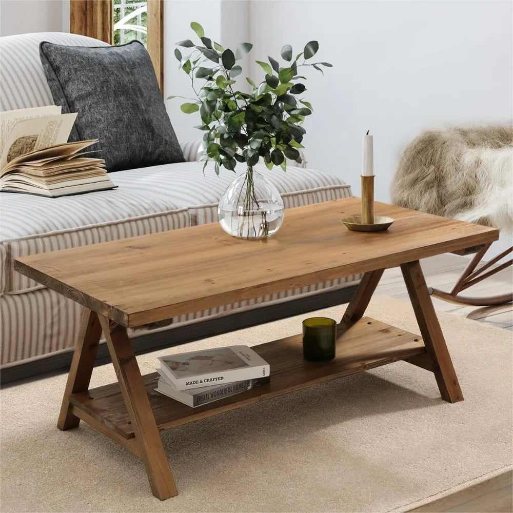 Solid wood coffee table - 42.5” firwood farmhouse rustic wooden tables for living room rectangle - united states