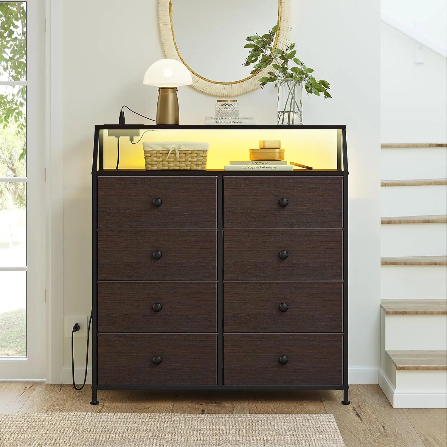 Dresser for bedroom with charging station and led lights brown tall chest of drawers shelf 2pcs wooden top large