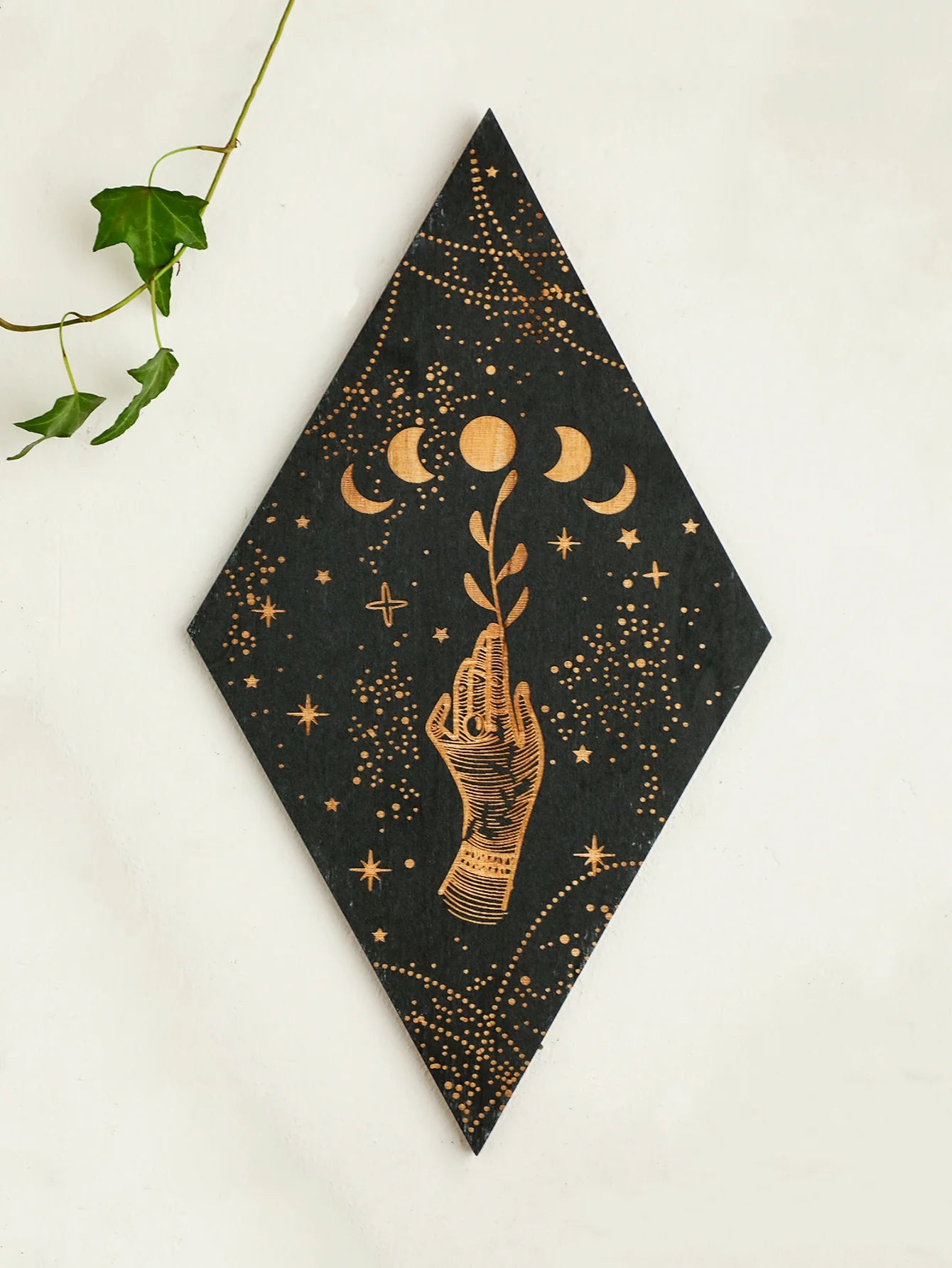 Black moon phase wooden wall decor rhomboid witch hanging art boho home decoration room decors aesthetic gift