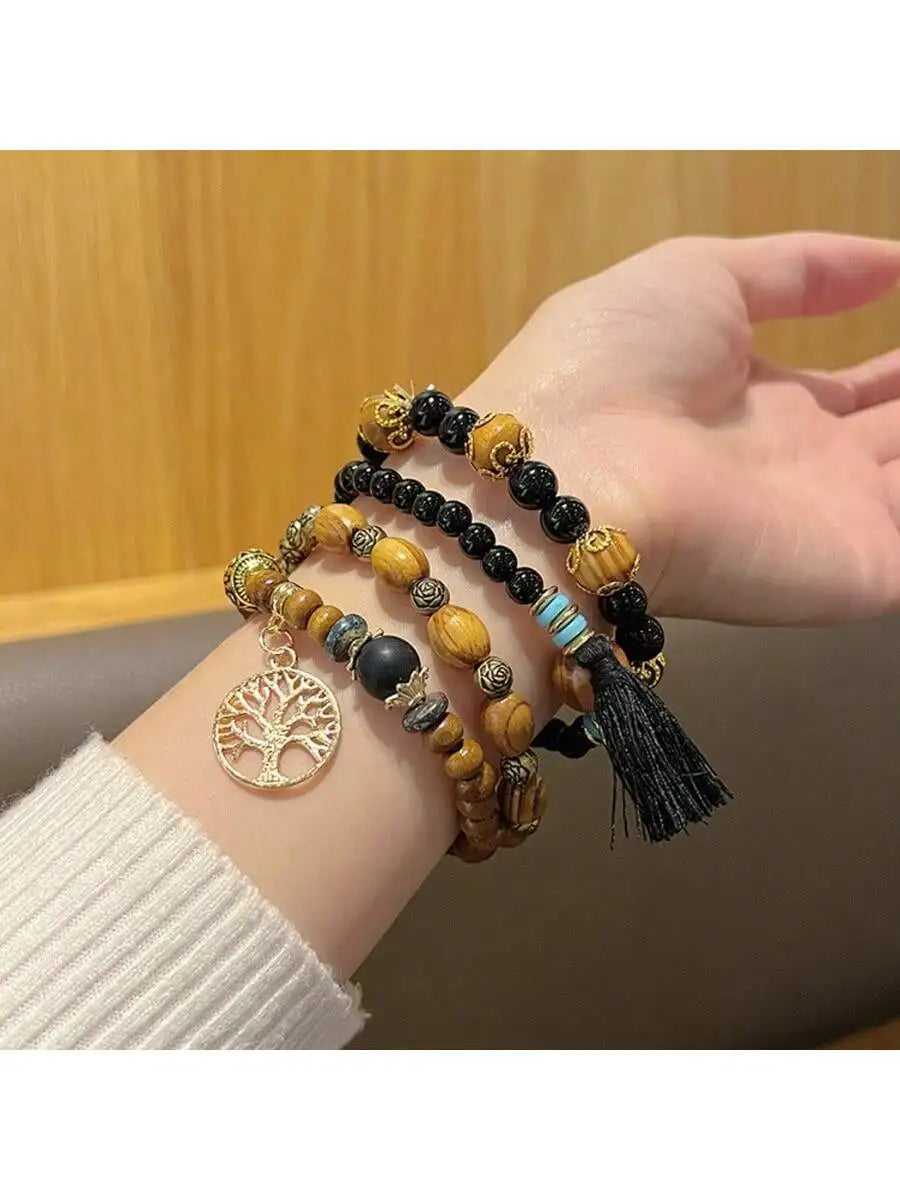 Bohemian style multi-layer wooden bead bracelet elastic hand jewelry hollow tree of life tassel pendant - united states