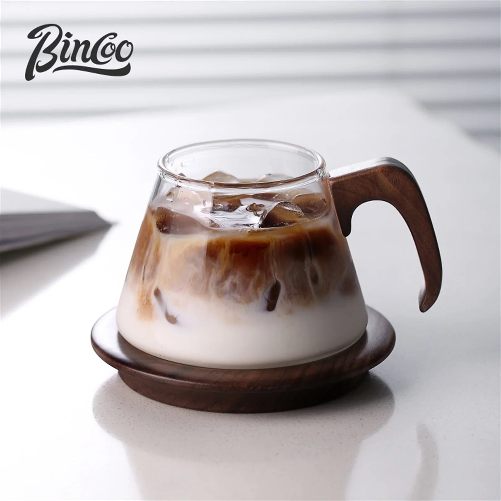 Bincoo 250ml heat resistant glass coffee cup with walnut wooden handle – durable barista latte kitchen espresso