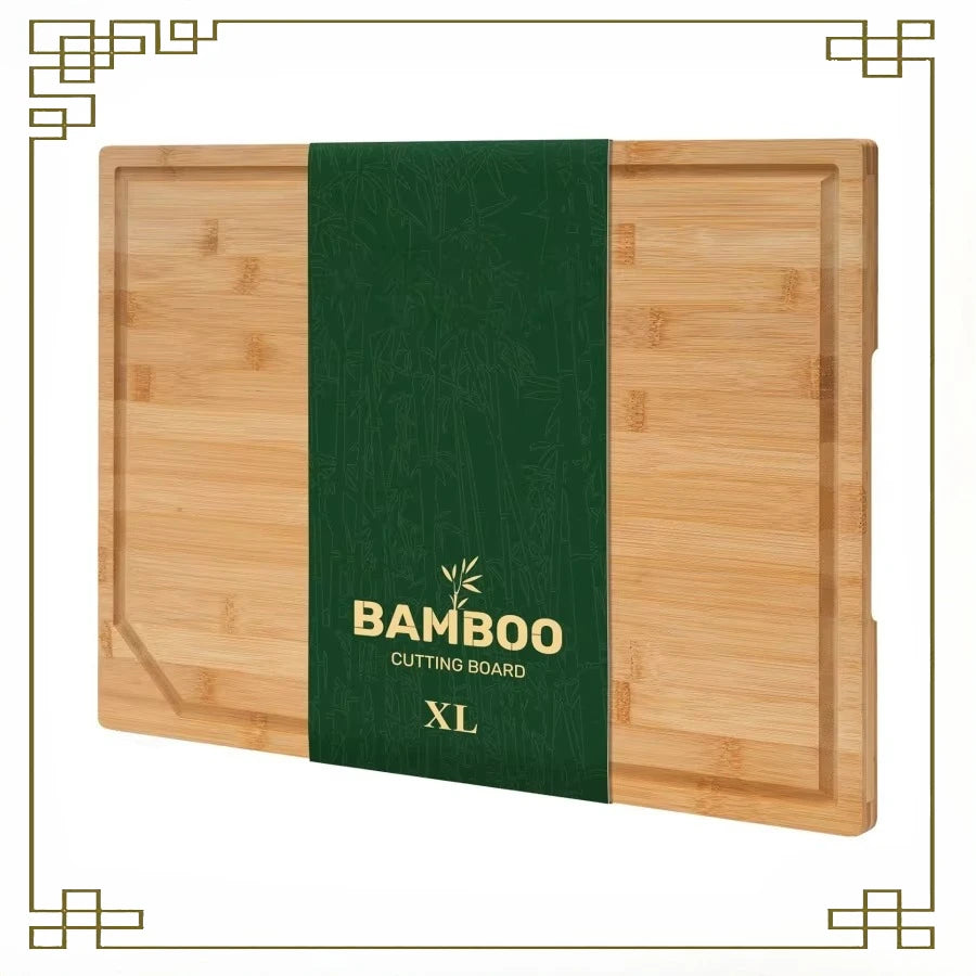 Extra large bamboo kitchen board with juice groove wooden cutting surface handle for meat vegetables fruits - united
