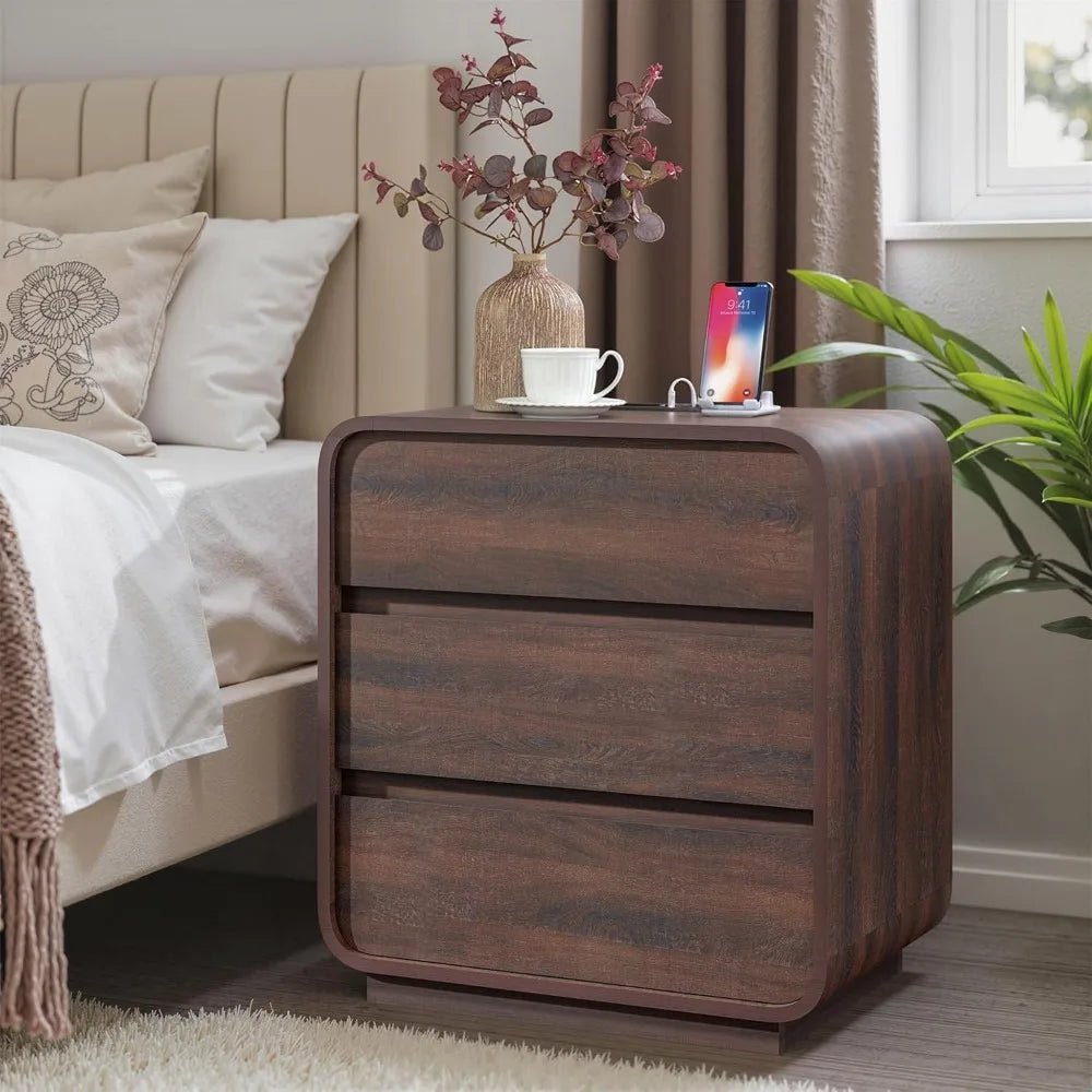 Nightstand 25 tall wooden bedside table with charging station 3 storage drawers side curved profile handleless - walnut