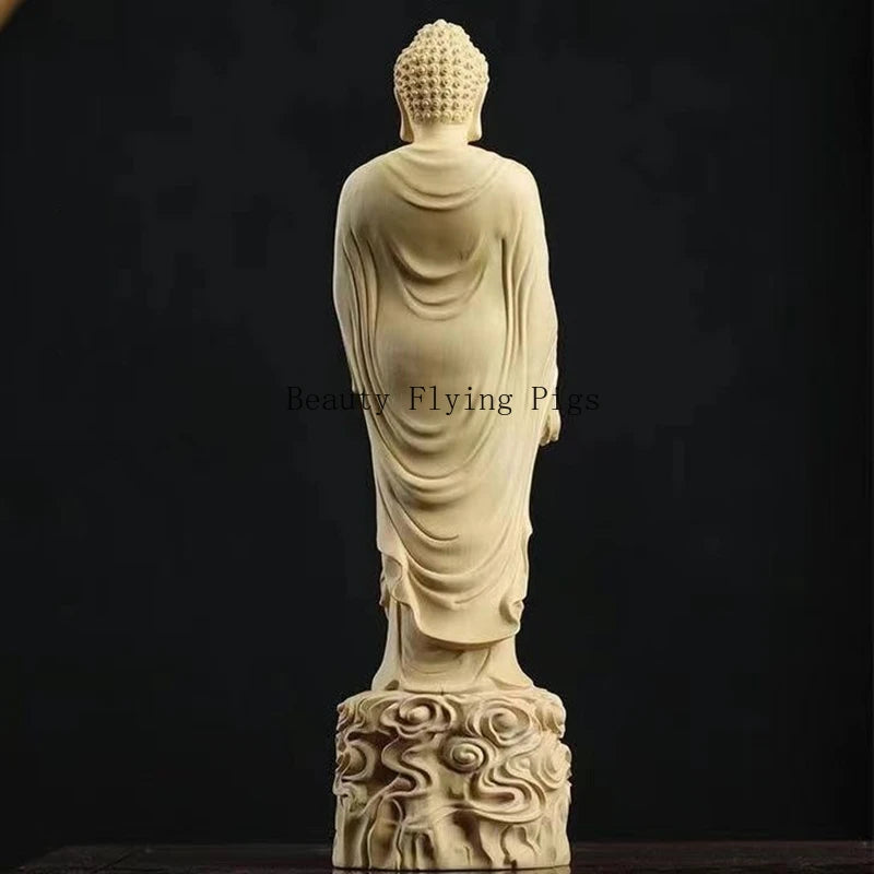 Solid wood carving amitabha buddha figurine room decor statue sculpture art crafts ornament buddhist supply home