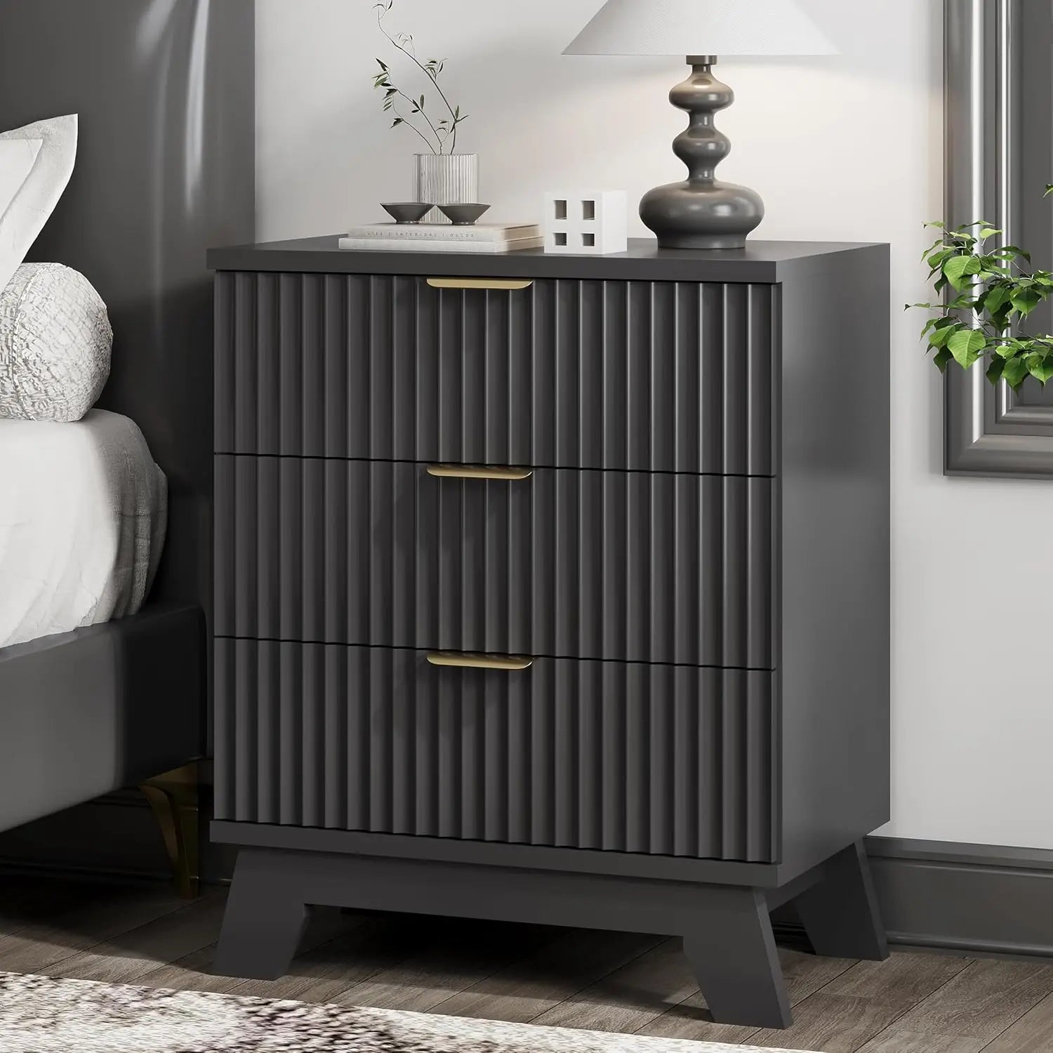 Nightstand 24’’ wide side table with 3 large storage drawers and metal handle wooden bedside end for bedroom living