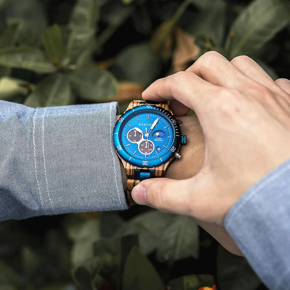Bobo bird men’s watches wood & stainless steel combined wristwatch chronograph auto-date clock with gift box