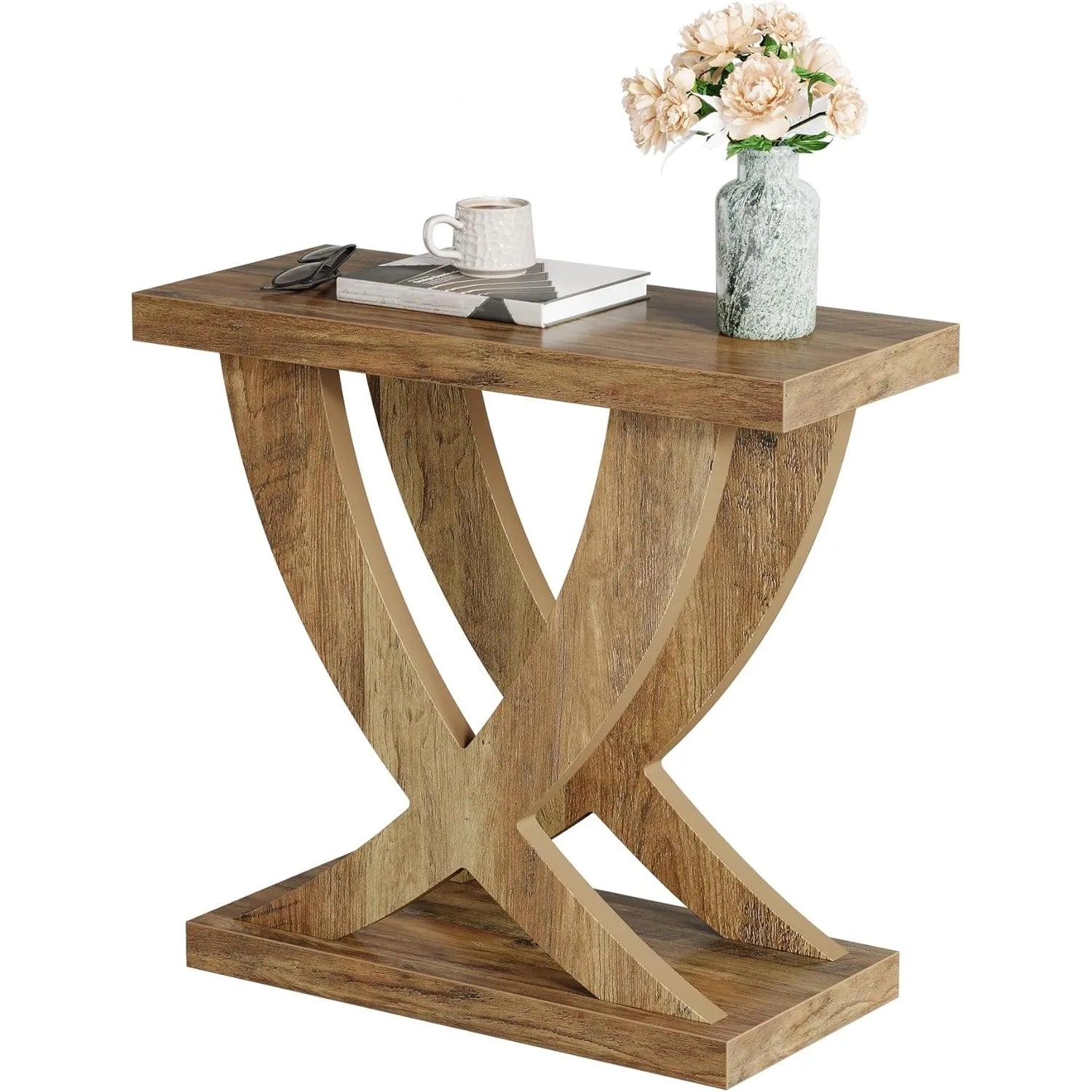 Wood end side table for living room night stand bedroom with cross fishtail support farmhouse nightstand small spaces