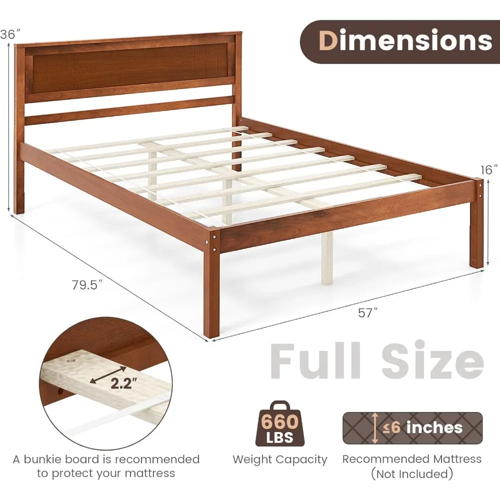 Komfott full size wood platform bed frame with headboard solid slat support 7-leg under stora - united states / walnut