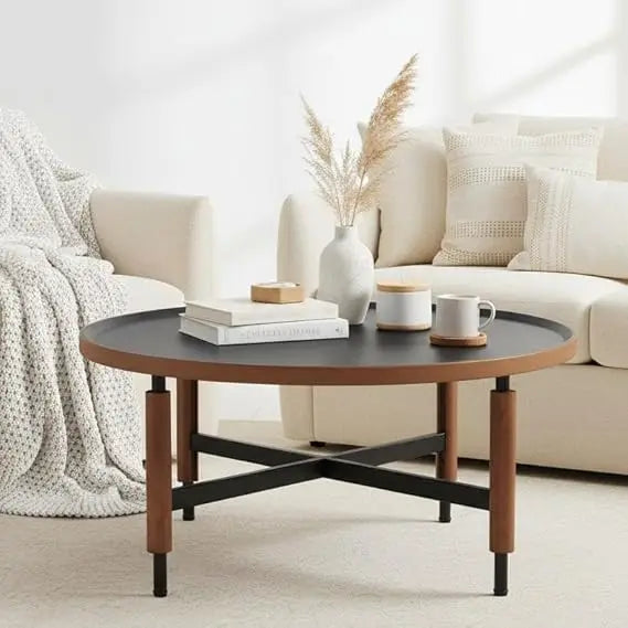 Modern round coffee table circle wooden top with black cross legs base rustic vintage living room easy assembl - united