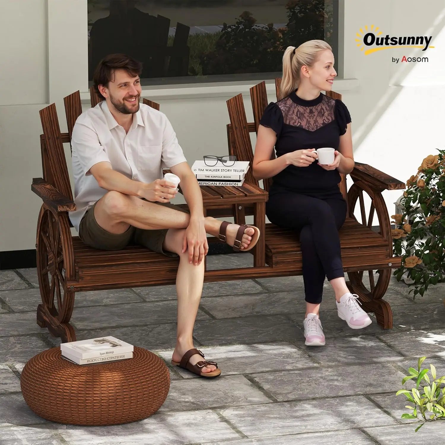 Wooden garden bench with table umbrella hole 2-seat wagon wheel outdoor slatted seat high backrest armrests - standard