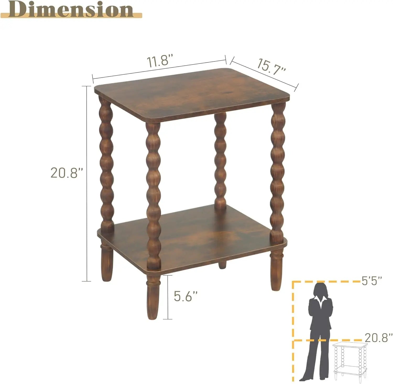 Side table small end with storage shelf 2-tier coffee tables living room for bedroom narrow spaces(rustic brown)