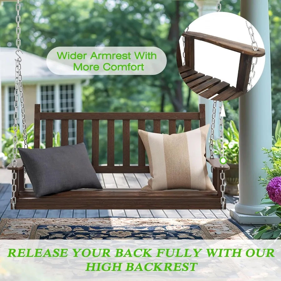 4 ft wooden outdoor porch swing hanging bench chair with chain heavy duty 550lbs for deck garden yard rustic - united