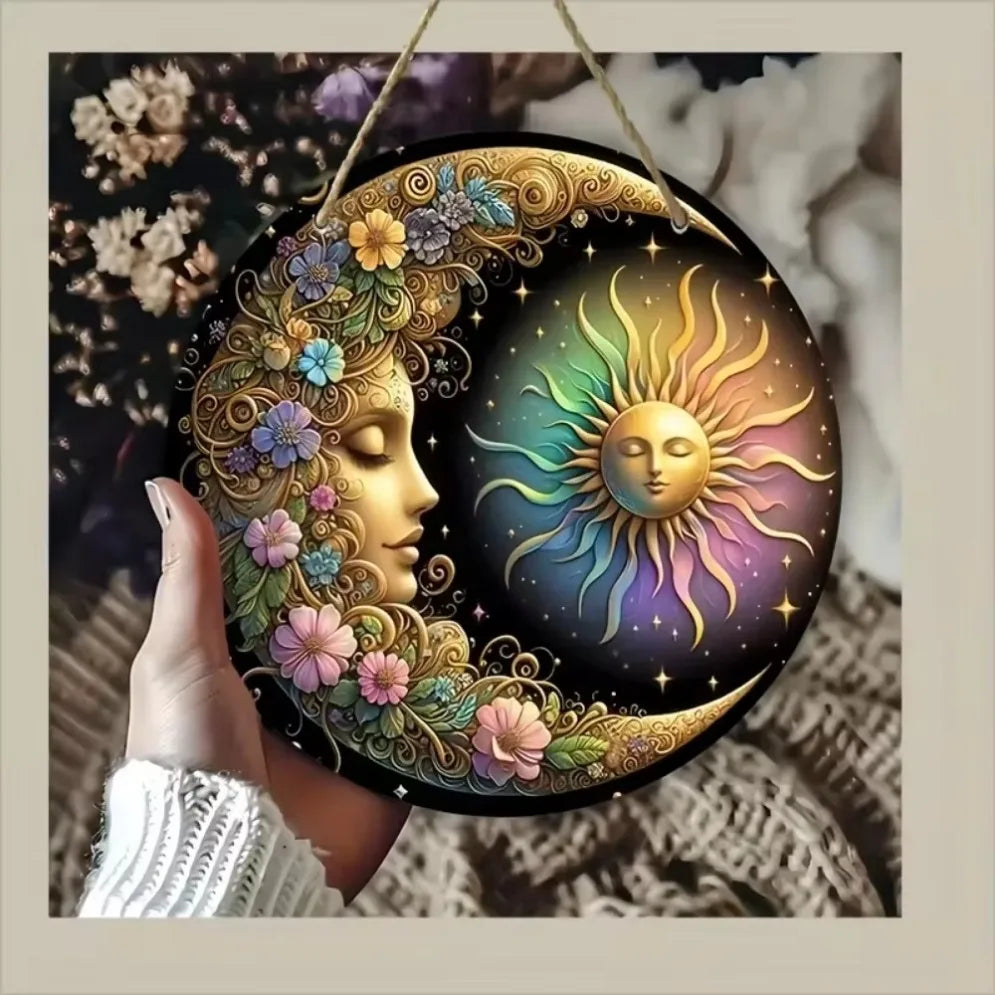 Exclusive floral wood mandala sign– 2d sun & moon wall art with handcrafted details | classic decor for bedrooms living