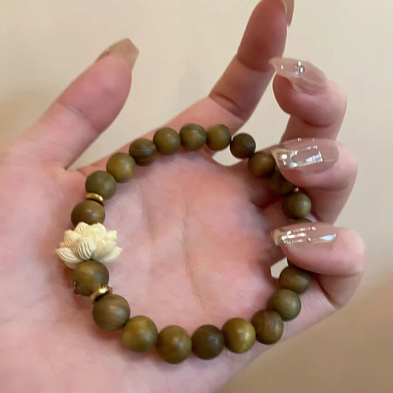 Lotus sandalwood bangle wood beaded strand bracelets green natural bracelet elastic handwoven rosary jewelry - 1