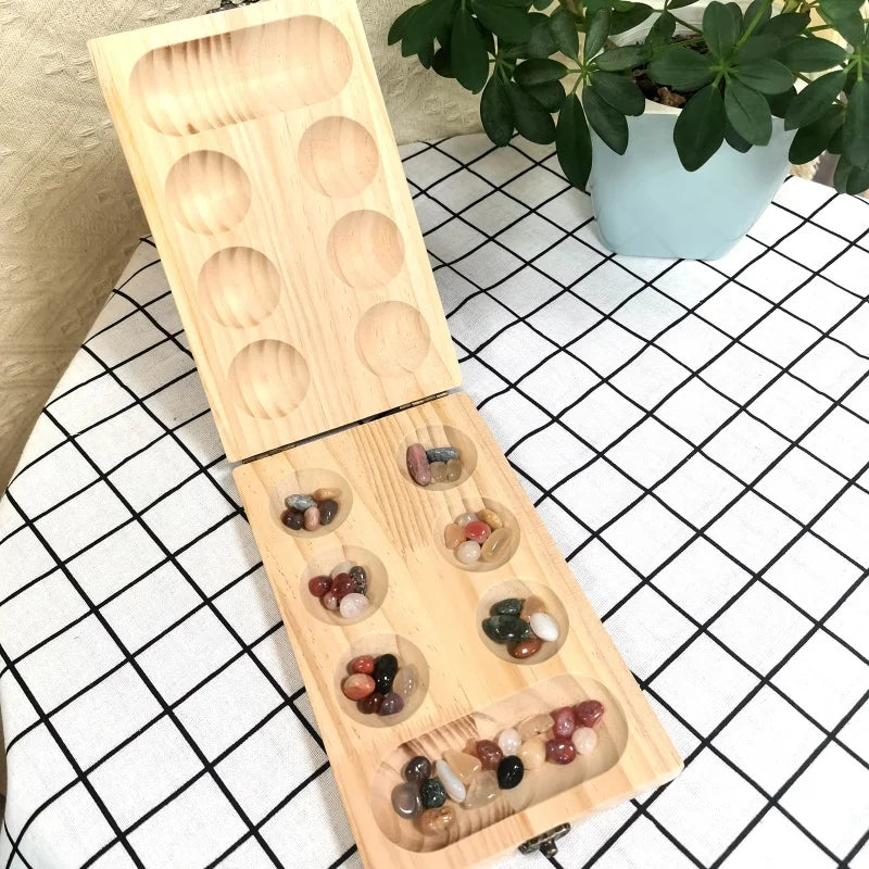 Authentic wooden mancala board game - handcrafted traditional african set with beads