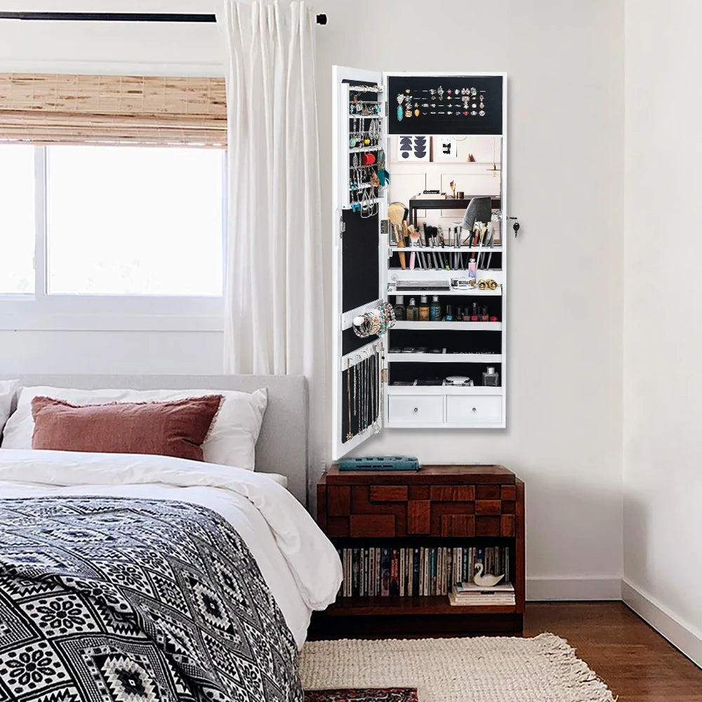 Non full mirror wooden wall hanging 3-layer shelf 2 drawers 17 cosmetic brush holders 95 white led lights with interior