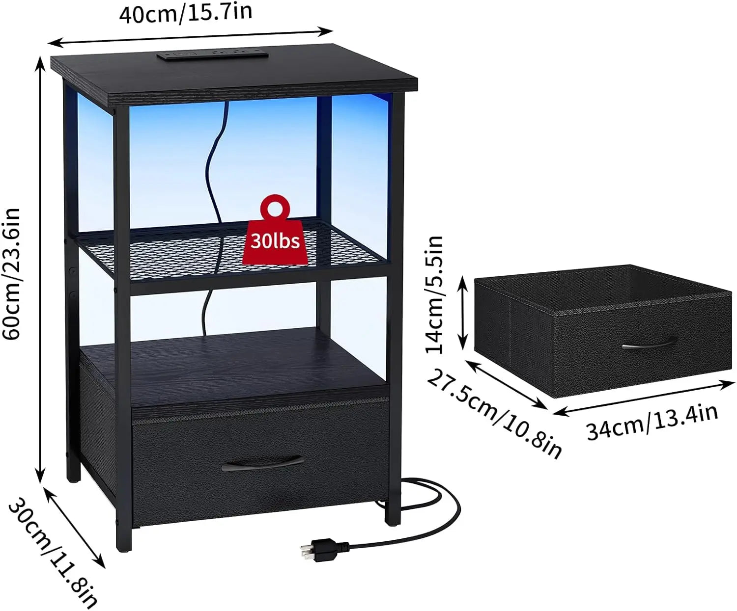Night stand set of 2 with charging station led nightstand fabric drawers end table pu finish bed side black - black2
