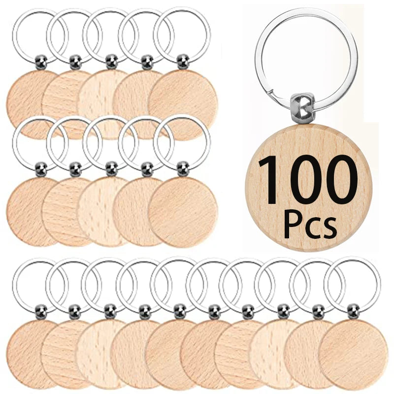 100pcs natural wood key chains round keyring for father mother ’s day gifts - wood - chain