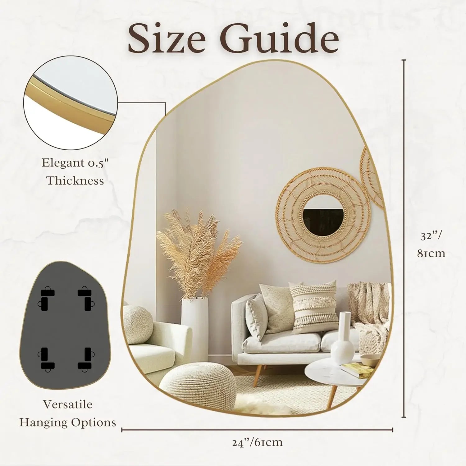 Irregular wall mirror asymmetrical 32’’x24’’ golden wood framed for bathroom bedroom living (gold 32’’x24’’) - united