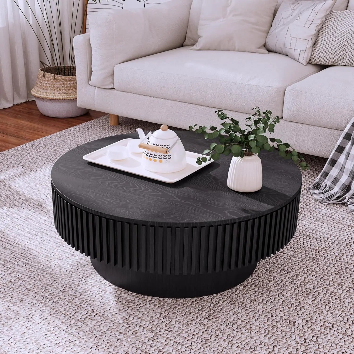 Modern circular coffee table with storage luxury drum style center solid wood veneer accent side - 39.37 black-round