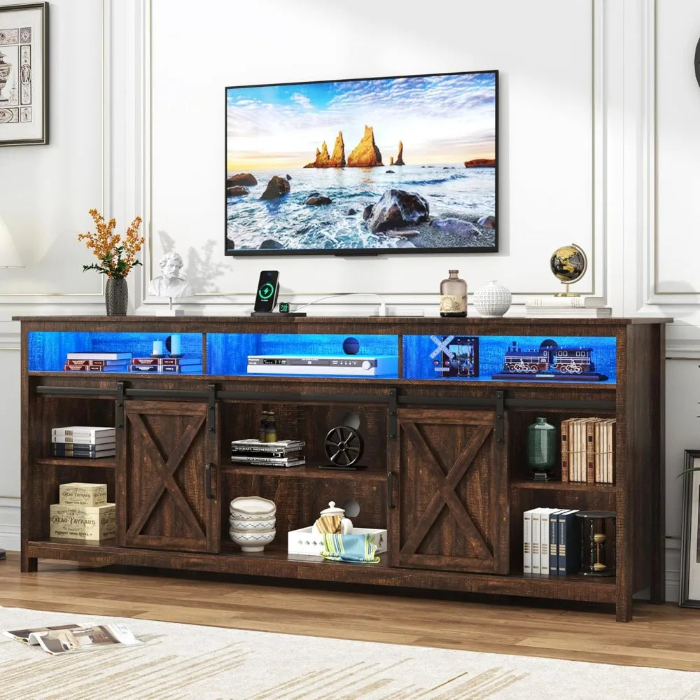 Led farmhouse tv stand for 90/85 inch tvs rustic entertainment center cabinet stands with power outlets brown - united