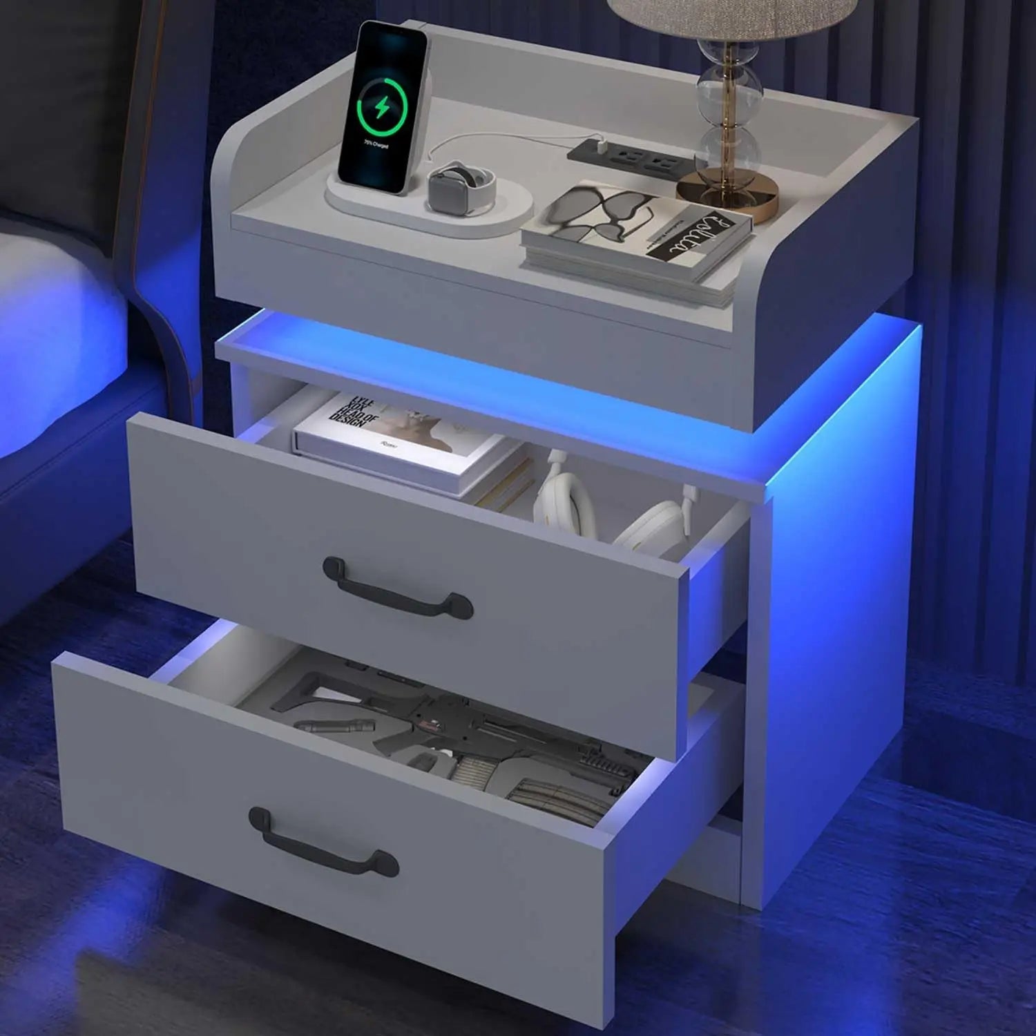 Black nightstand with charging station night stand led lights modern led end table for bedroom - white / united states