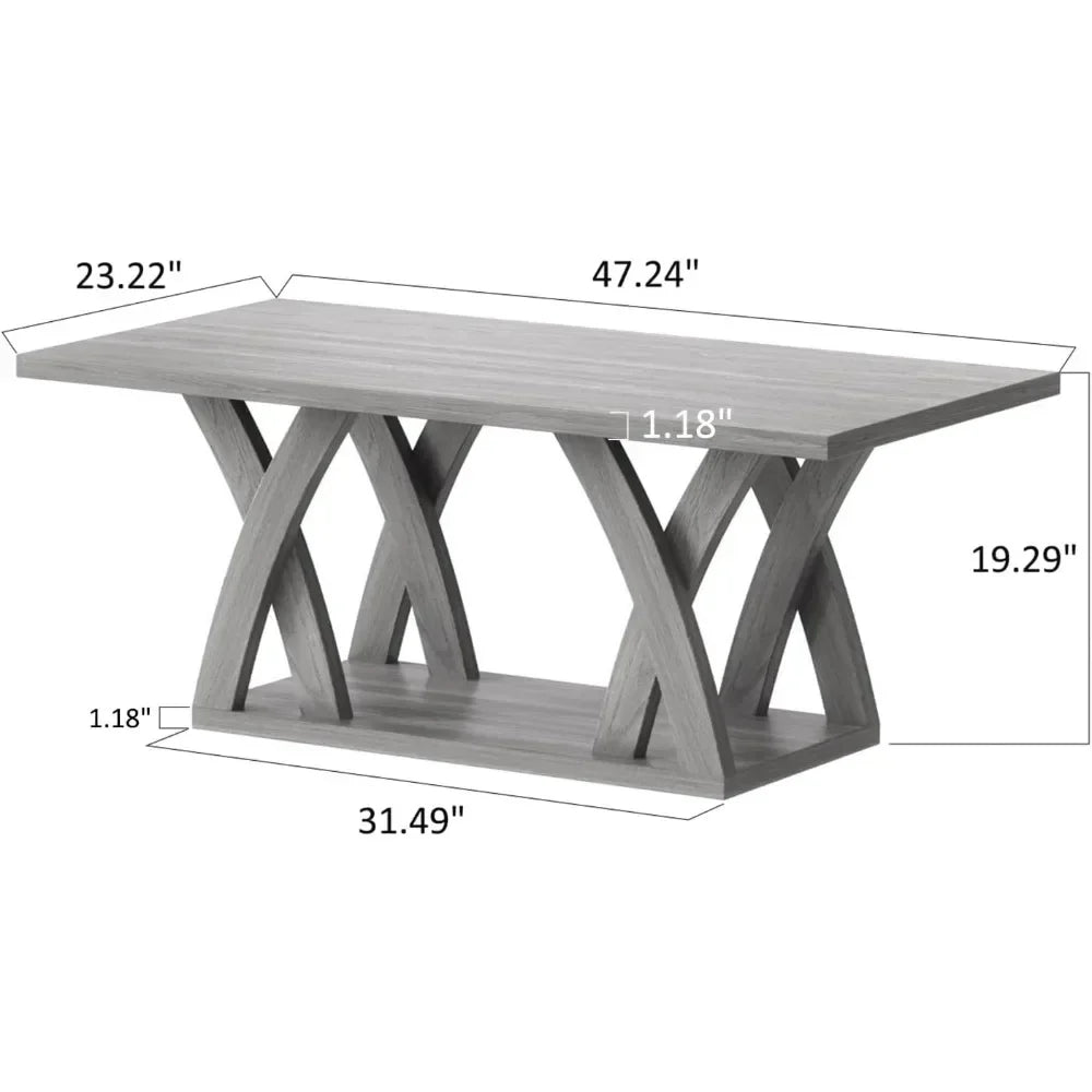 Farmhouse coffee table with shelf wood for living room open display area,47” grey