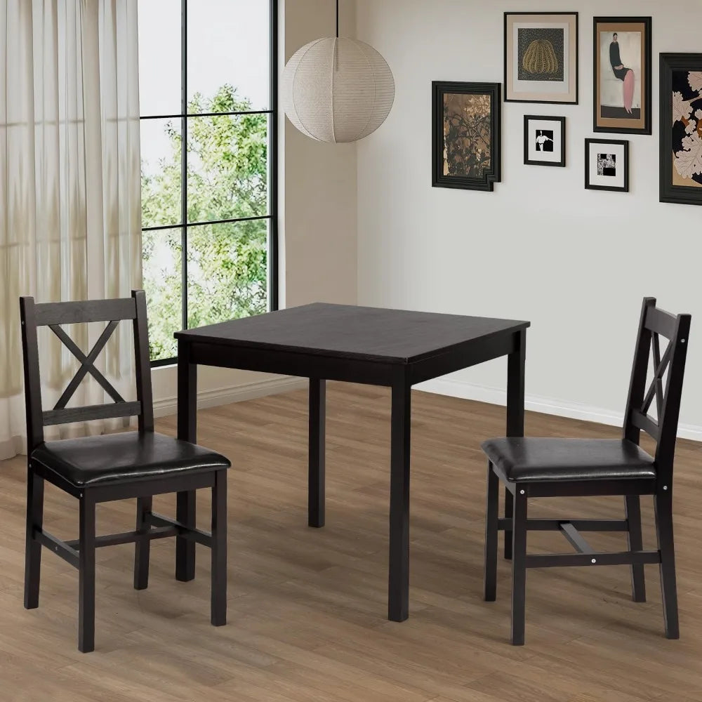 Solid wood 3-piece dining set in dark brown with pine table and upholstered chairs | space-saving kitchen design