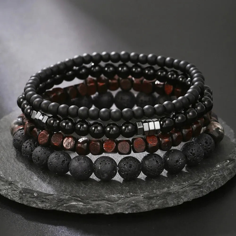 4pcs/set black gall stone volcanic wood beads multi-layer men’s combination elastic bracelet for couple friends jewelry