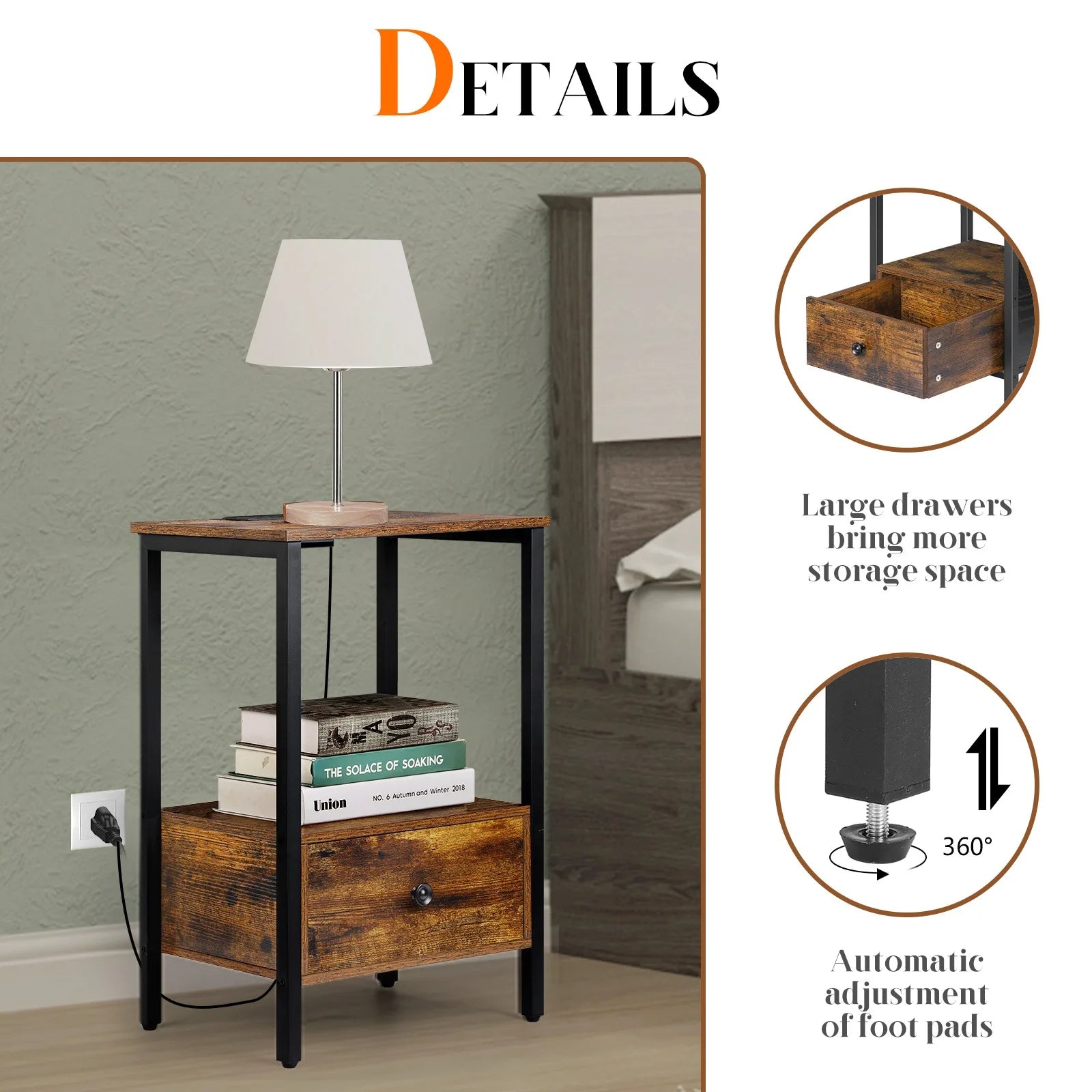 Set of 2 nightstand with usb ports & power outlets,narrow end table drawer,bedside tables for bedroom,living room
