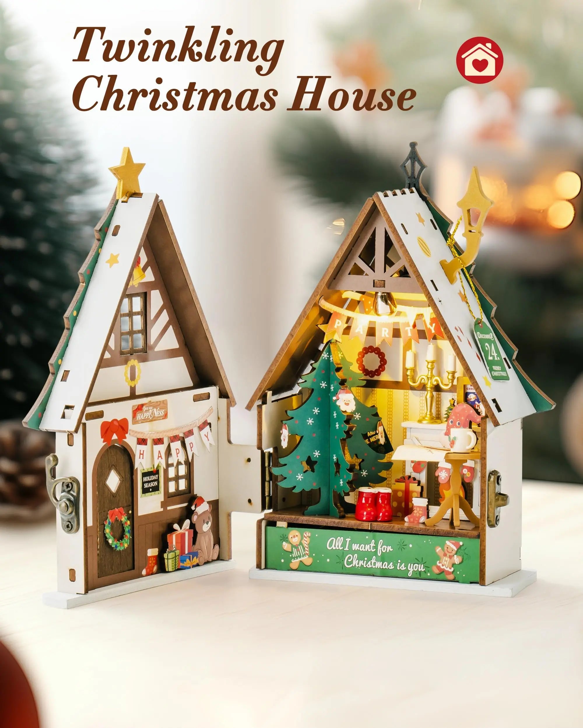 Rolife miniature wooden dollhouse collectible 3d puzzle home decor gift for teens adults twinkling christmas house