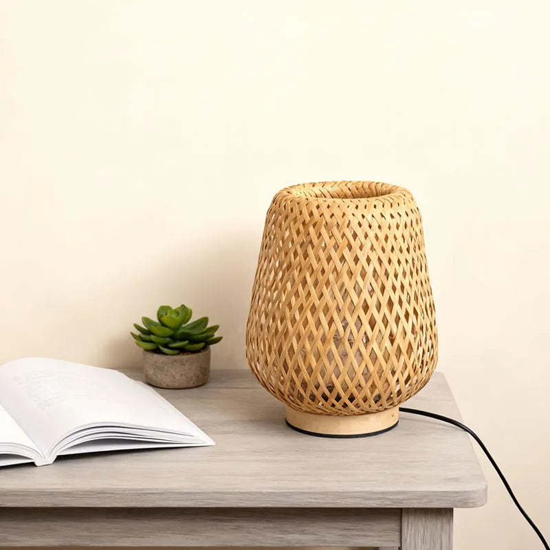 Bamboo table lamp handmade wooden bedside vintage living room decoration night light for bedroom camping desk