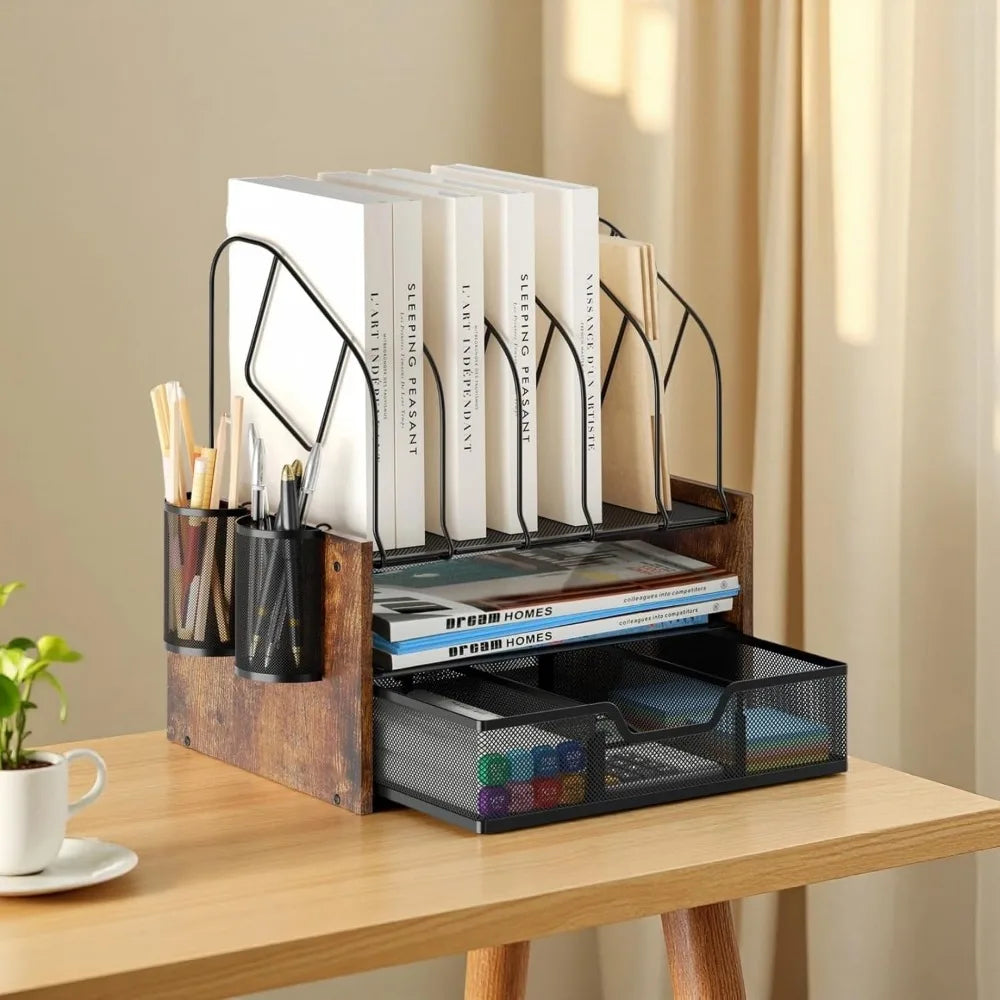 Wood desk organizer - 2-tier desktop file with drawer vertical holder wooden paper tray office organz - united states