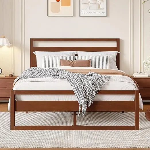 Retro-style wooden queen bed frame with headboard and slat support - walnut brown / united states