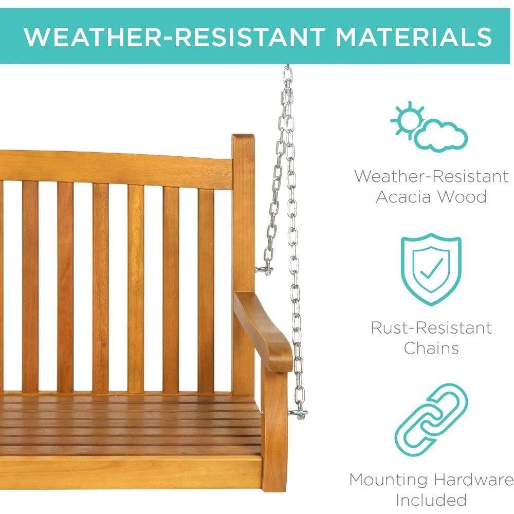 48in wood porch swing outdoor patio hanging bench chair furniture for deck garden yard w/mounting chains curved back