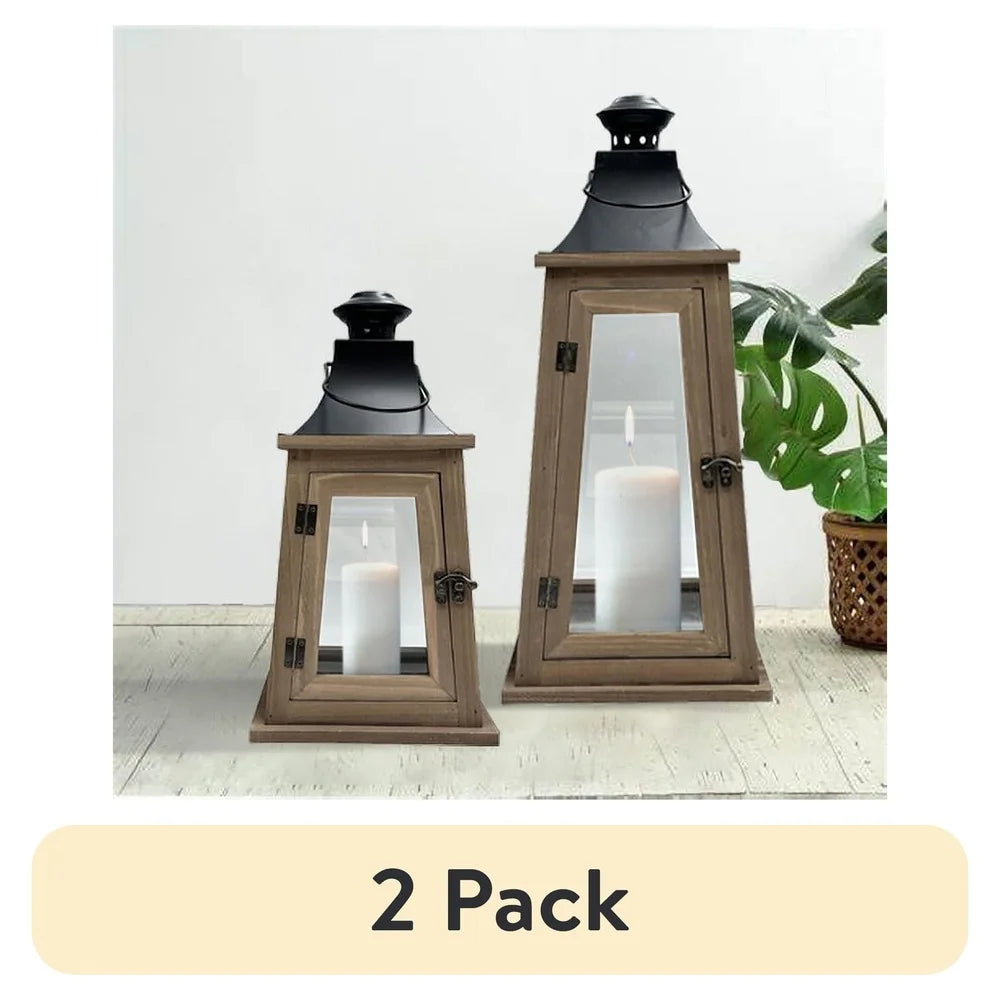 2 pack rustic wood metal lantern candleholder decorative light holder indoor use with clear glass windows pillar