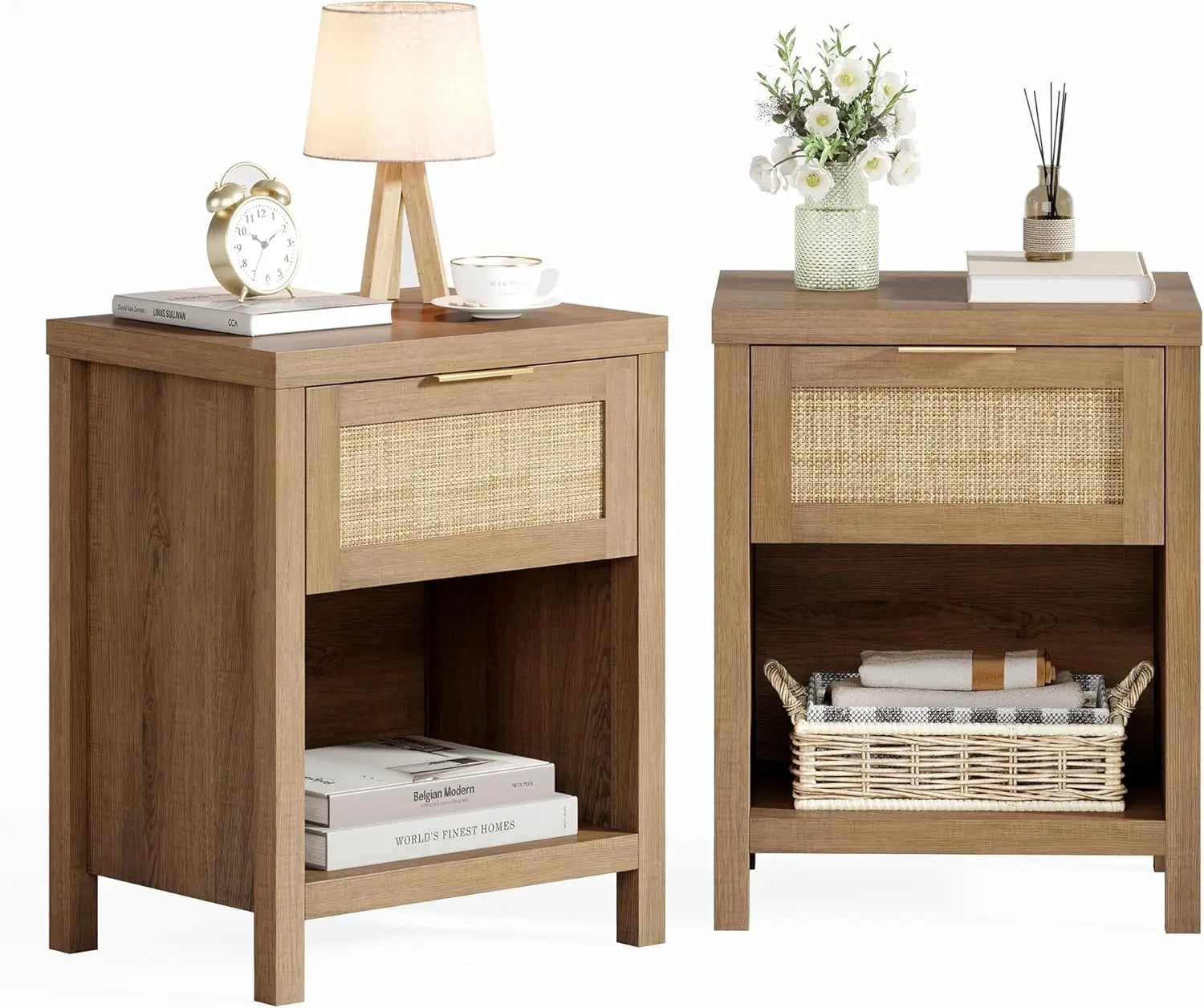 Boho farmhouse rattan nightstand set of 2 caramel oak finish with drawer and shelf bedside tables - united states