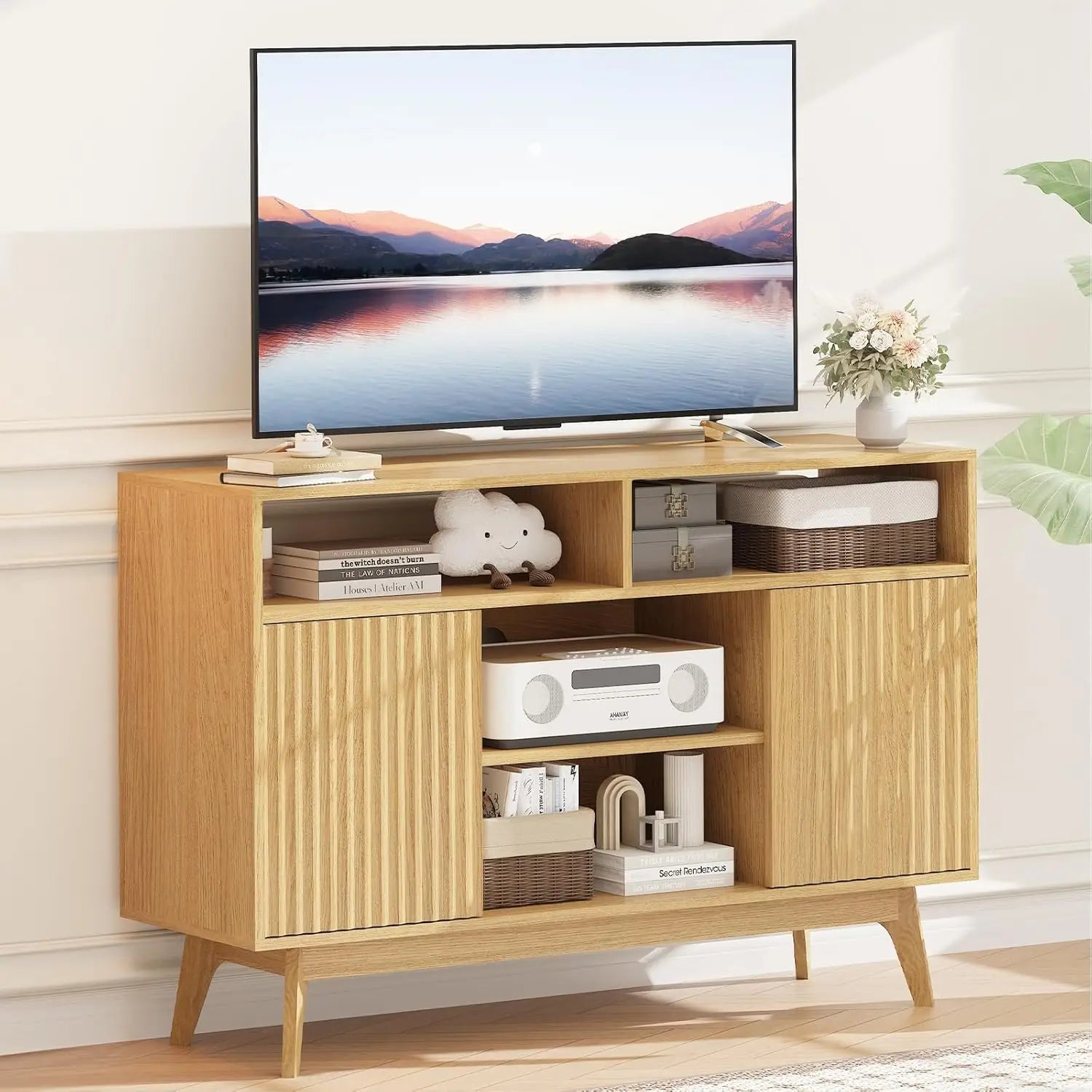 Fluted tv stand for 60 inch modern entertainment center with storage and shelves wood console solid leg - oak / united