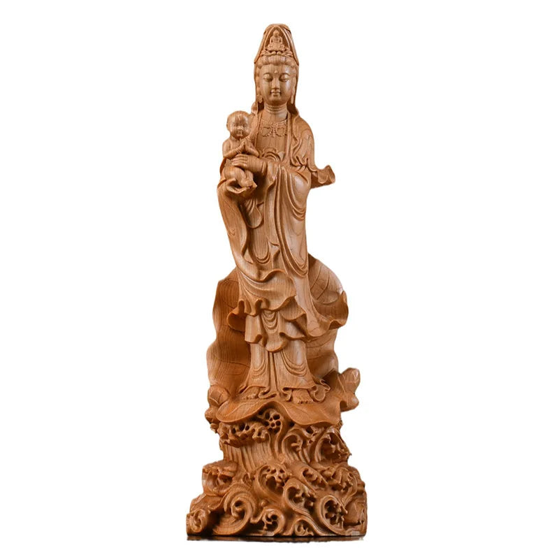Natural cypress sending son guanyin statue - chinese buddhist character statue solid wood carving feng shui room