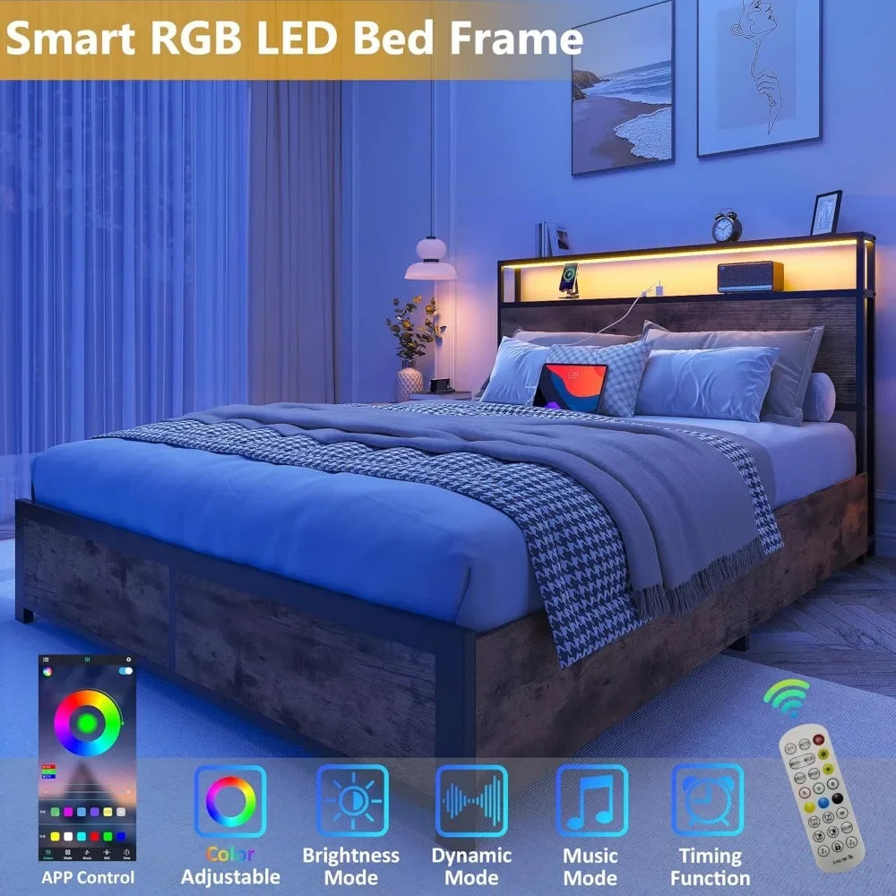 Lifezone full bed frame with 2-tier storage headboard metal platform 4 drawers built in charging statio - united states