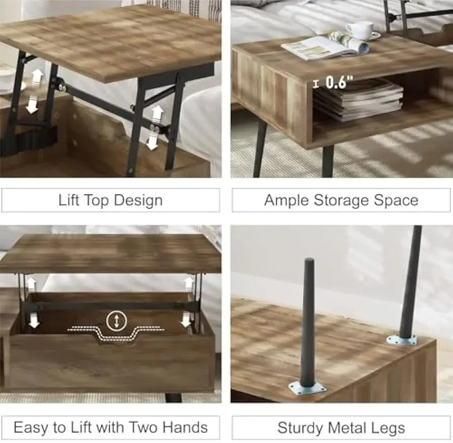 Coffee table 39’’ lift top with hidden compartment small wooden center for home living room natural - united states